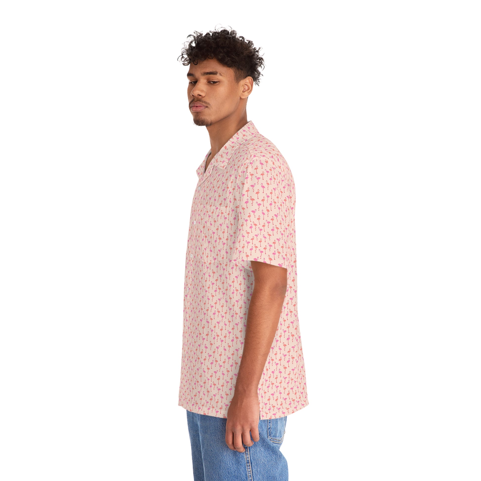 Flamingo - Carry On Crow Clothing Co. - - young man stands sideways wearing a pink aloha shirt with flamingos