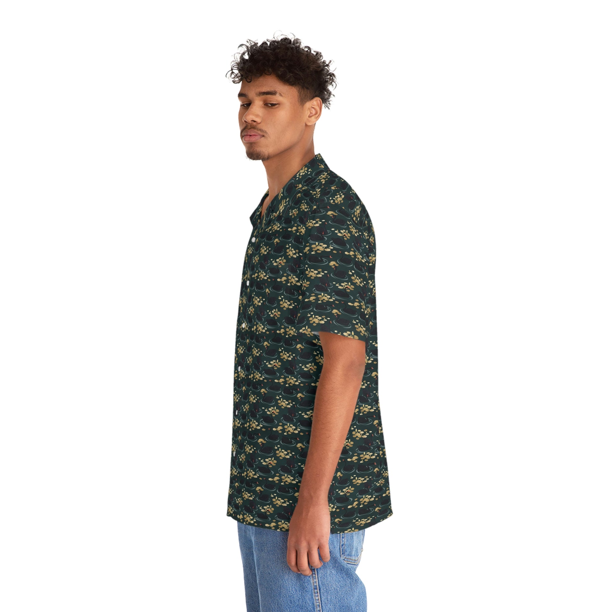 Black Swan Event - Carry On Crow Clothing Co. - young man stands sideways wearing black swan aloha shirt