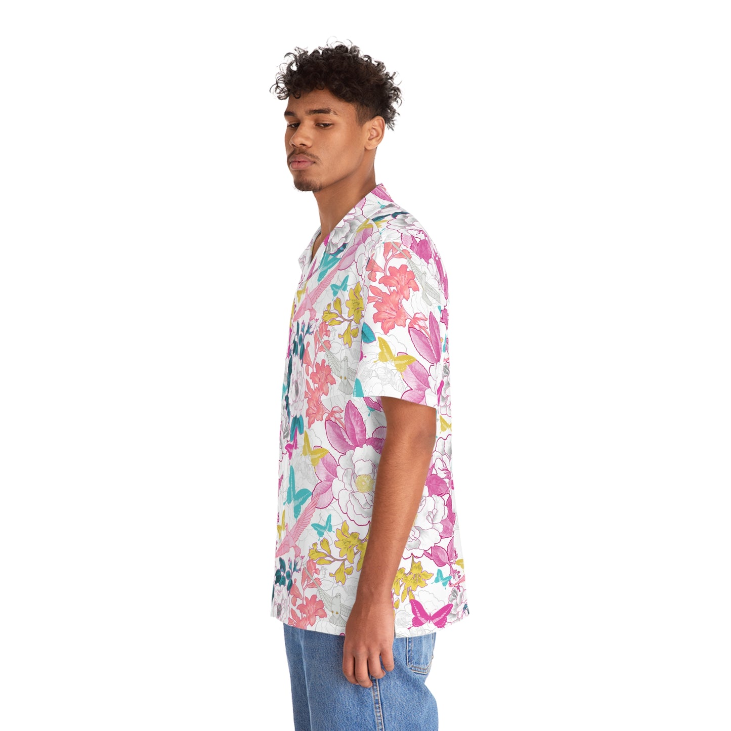 Doves - Colorful Print - Carry On Crow Clothing Co. young man stands sideways wearing classy hawaiian shirt with colorful dove and flower pattern