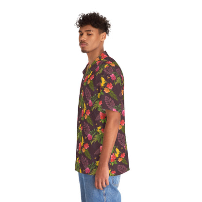 Finches and Bees - Carry On Crow Clothing Co. - young man stands sideways wearing classic hawaiian shirt with finches and bees on an maroon background