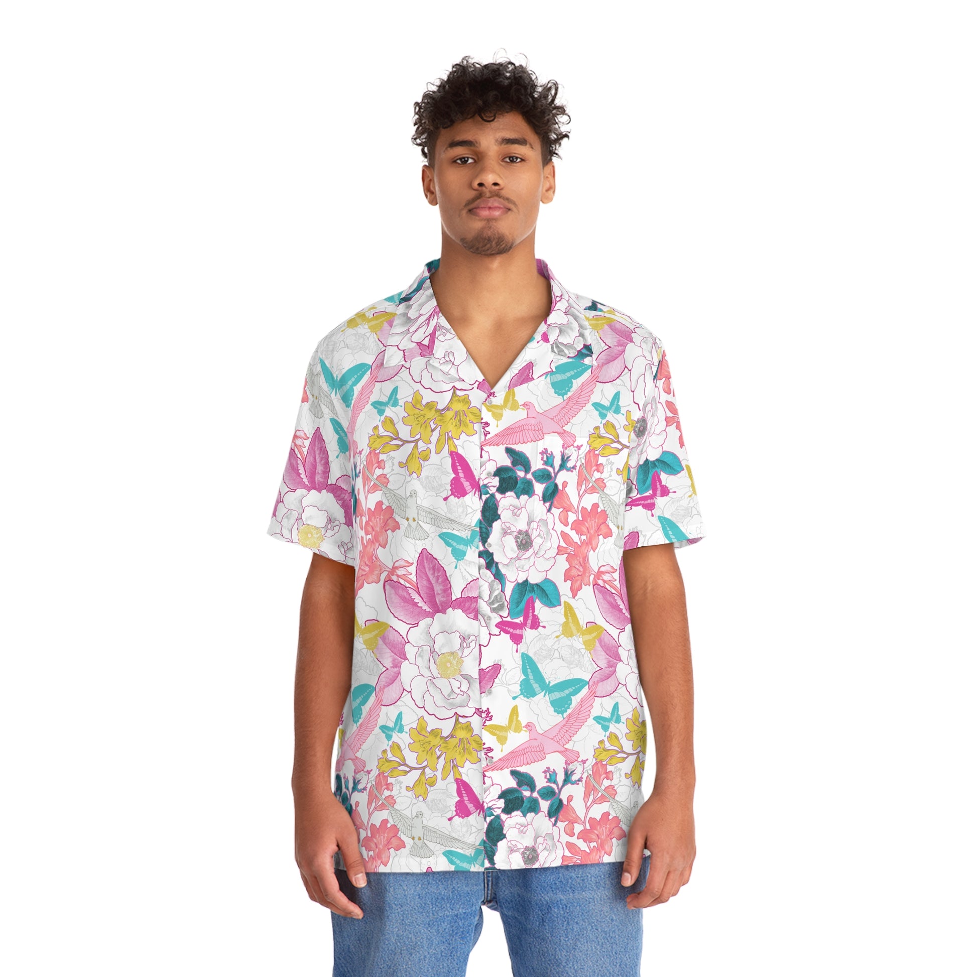 a young person wears the Doves - Colorful Print - Carry On Crow Clothing Co. - collared button up summer shirt