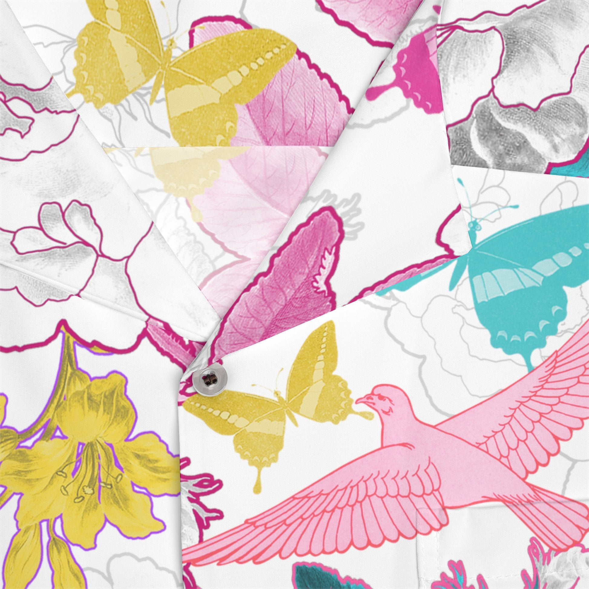 Doves - Colorful Print - Carry On Crow Clothing Co. close up showing high quality, comfortable material